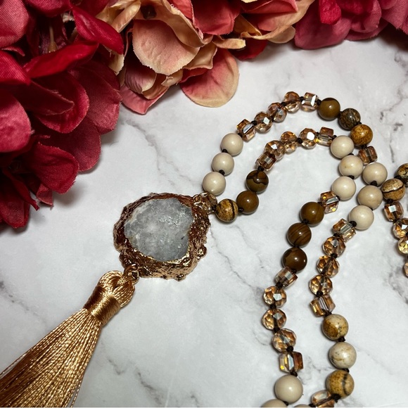 Natural Stone Beaded Necklace with Gold Dipped Agate Druzy Pendant & Tassel - Picture 11 of 15